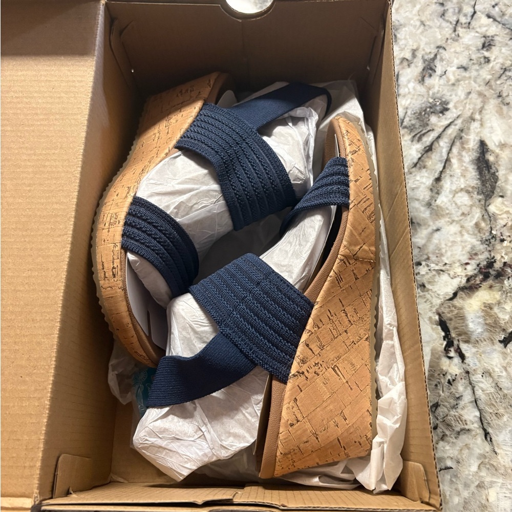Skechers Navy and Tan Cali Wedge Sandals Beverlee Sheer Luck